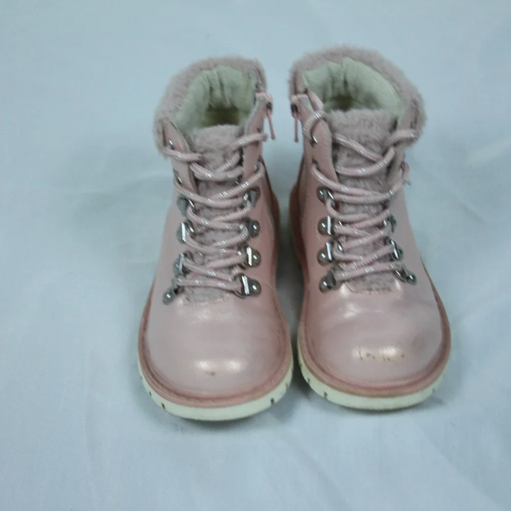 Dream Pairs Kids Girls Pink Metallic Lace Up Fur‎ Trim Winter Boots Size 10